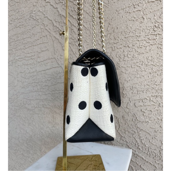 KATE SPADE Black & White Polka Dot Textured Natalia Chain Strap Flap Satchel Bag - Picture 3 of 17